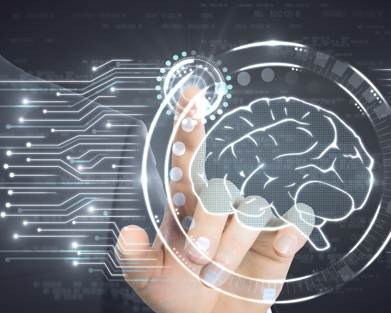 Finger zeigt auf digitale Abbildung eines Gehirns als Symbol für künstliche Intelligenz