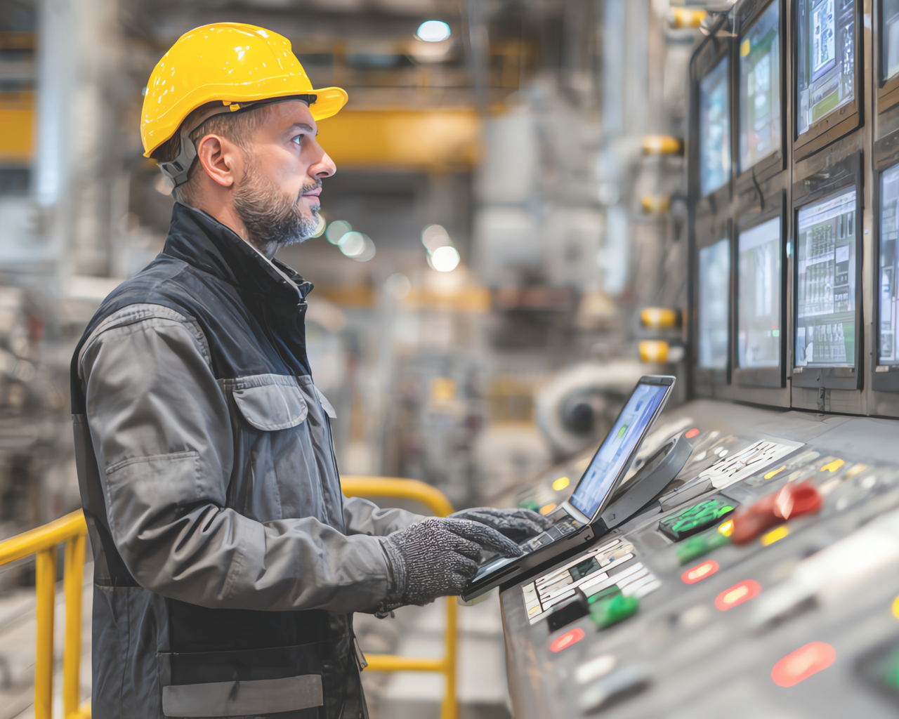 Person mit Schutzhelm und Sicherheitskleidung prüft ein Sicherheitssystem