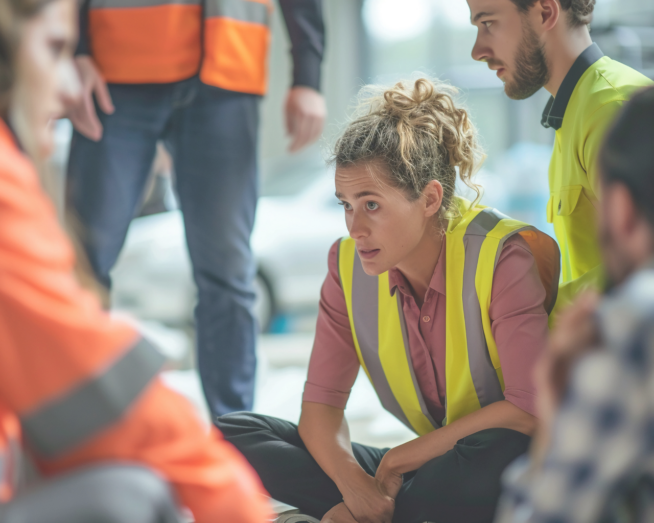 Besorgte Personen in Schutzkleidung sitzen auf dem Boden